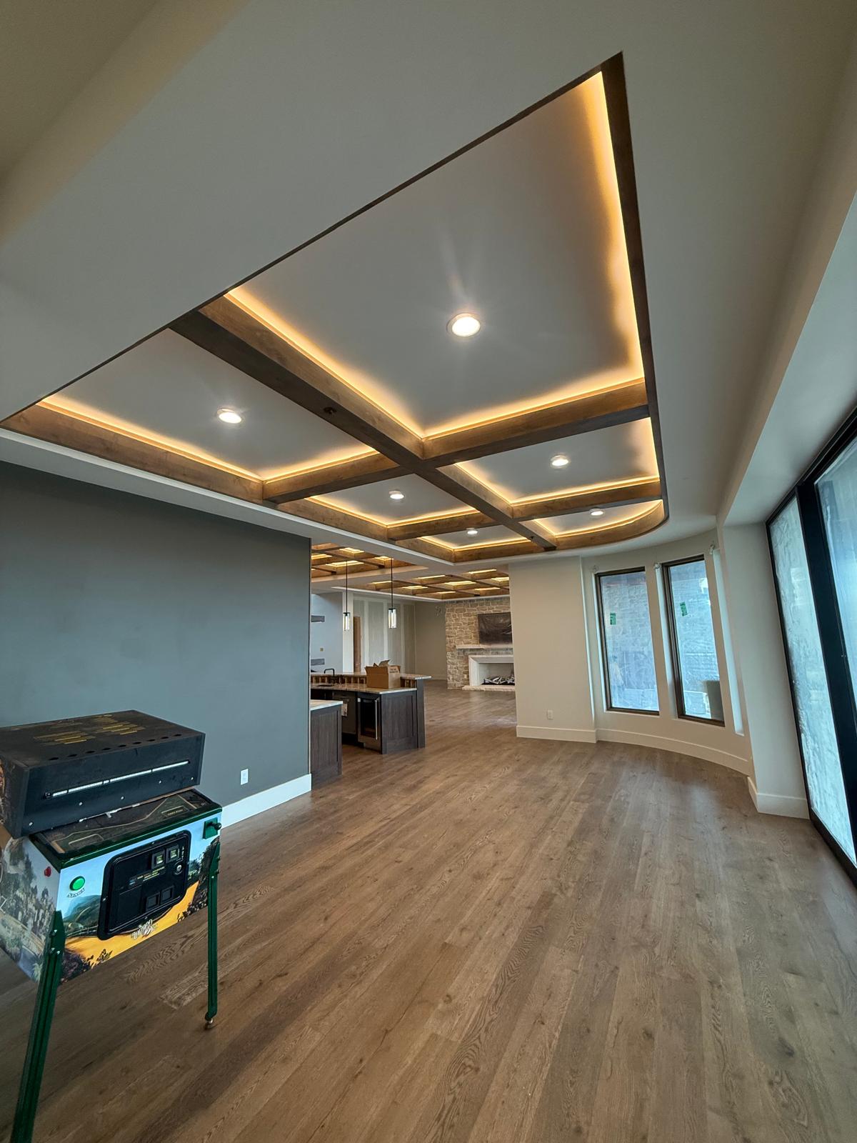 Wood beam ceiling with radial pattern